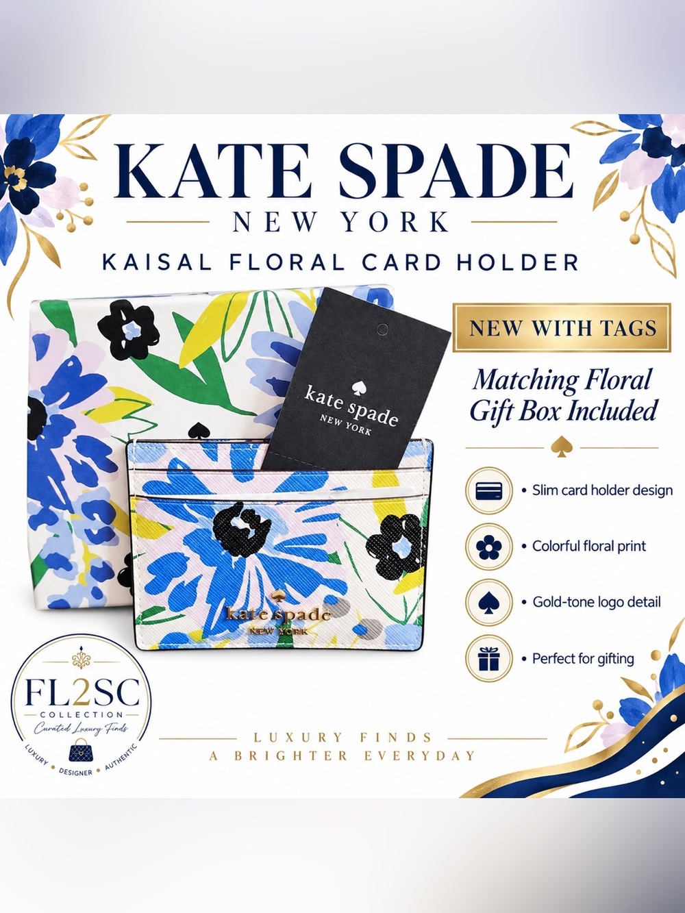 kate spade Floral Card Holder in Blue, Green, Yellow & Black